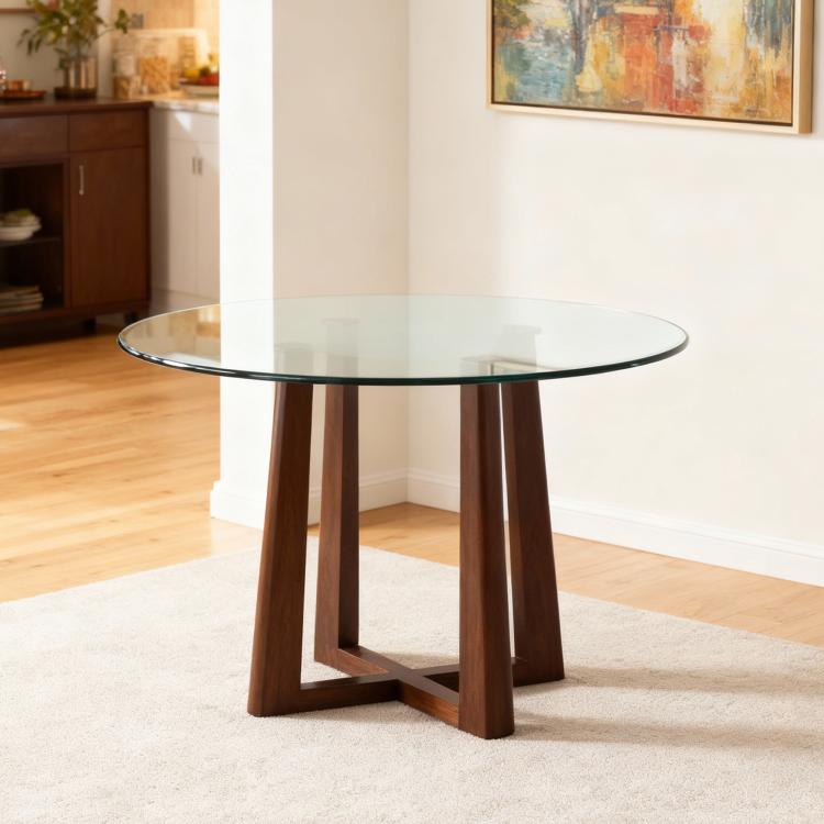 Separate round tabletop made of tempered glass – 76 cm diameter, 0.72 cm thick; durable and space-saving.No assembly required.Suitable for the kitchen, living room, dining area, and more.