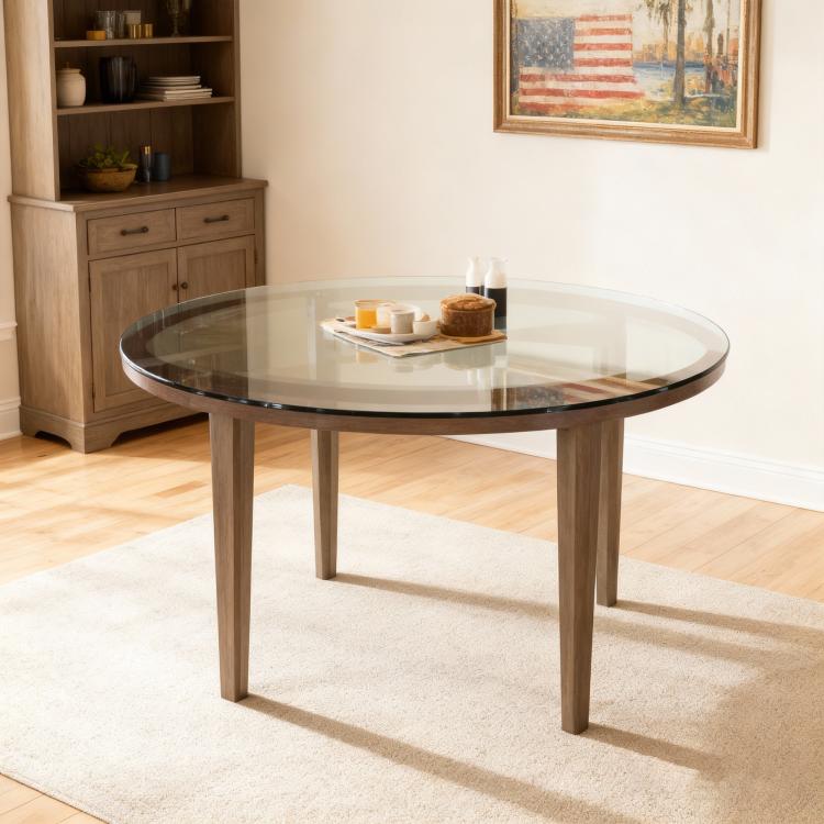 Separate round tabletop made of tempered glass – 76 cm diameter, 0.72 cm thick; durable and space-saving.No assembly required.Suitable for the kitchen, living room, dining area, and more.