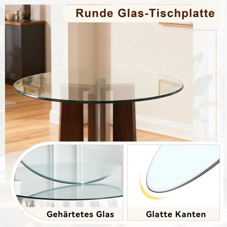 Separate round tabletop made of tempered glass – 76 cm diameter, 0.72 cm thick; durable and space-saving.No assembly required.Suitable for the kitchen, living room, dining area, and more.