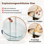 Separate round tabletop made of tempered glass – 76 cm diameter, 0.72 cm thick; durable and space-saving.No assembly required.Suitable for the kitchen, living room, dining area, and more.