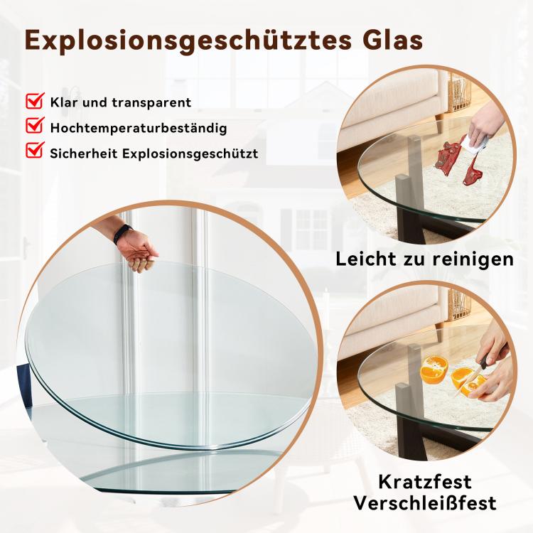 Separate round tabletop made of tempered glass – 76 cm diameter, 0.72 cm thick; durable and space-saving.No assembly required.Suitable for the kitchen, living room, dining area, and more.