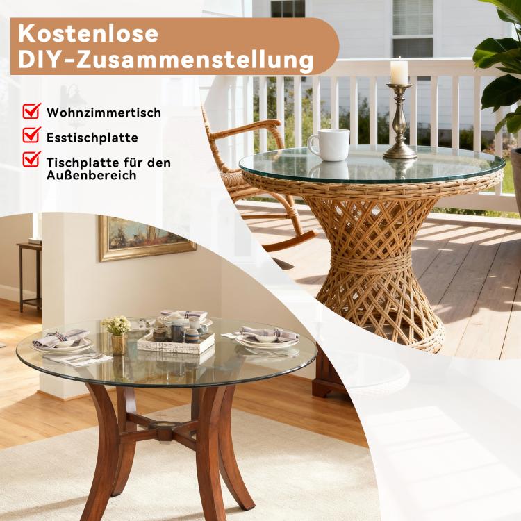 Separate round tabletop made of tempered glass – 76 cm diameter, 0.72 cm thick; durable and space-saving.No assembly required.Suitable for the kitchen, living room, dining area, and more.