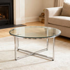 Separate round tabletop made of tempered glass – 76 cm diameter, 0.72 cm thick; durable and space-saving.No assembly required.Suitable for the kitchen, living room, dining area, and more.