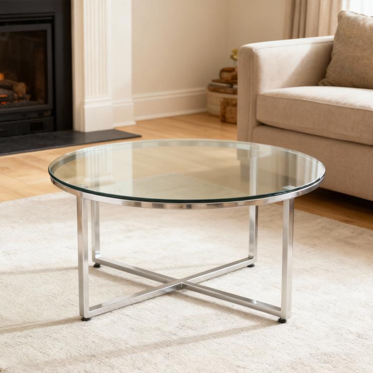 Separate round tabletop made of tempered glass – 76 cm diameter, 0.72 cm thick; durable and space-saving.No assembly required.Suitable for the kitchen, living room, dining area, and more.
