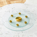 Tabletop.Two-tier, rotating round glass top.The diameter of the upper glass section is 61 cm, and the lower is 38 cm.The rotating design makes it easier to pick up and set down items.