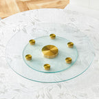 Tabletop.Two-tier, rotating round glass top.The diameter of the upper glass section is 61 cm, and the lower is 38 cm.The rotating design makes it easier to pick up and set down items.