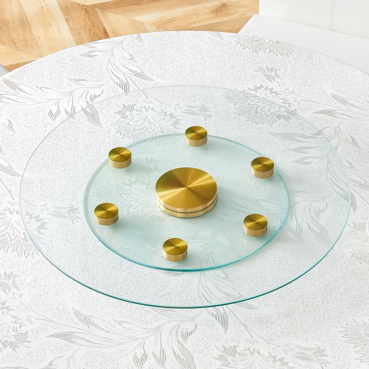 Tabletop.Two-tier, rotating round glass top.The diameter of the upper glass section is 61 cm, and the lower is 38 cm.The rotating design makes it easier to pick up and set down items.