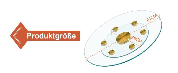 Tabletop.Two-tier, rotating round glass top.The diameter of the upper glass section is 61 cm, and the lower is 38 cm.The rotating design makes it easier to pick up and set down items.