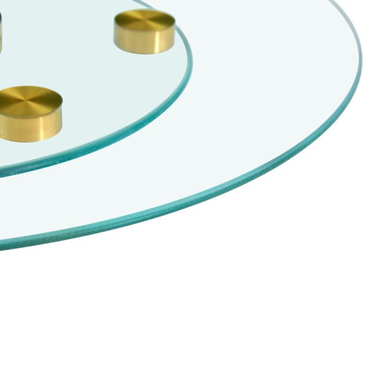 Tabletop.Two-tier, rotating round glass top.The diameter of the upper glass section is 61 cm, and the lower is 38 cm.The rotating design makes it easier to pick up and set down items.