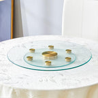 Tabletop.Two-tier, rotating round glass top.The diameter of the upper glass section is 61 cm, and the lower is 38 cm.The rotating design makes it easier to pick up and set down items.
