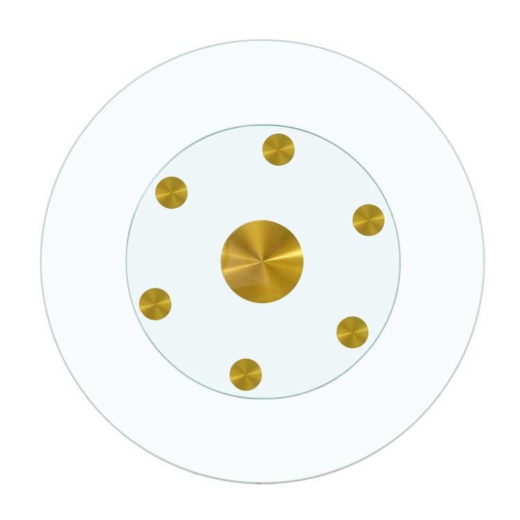 Tabletop.Two-tier, rotating round glass top.The diameter of the upper glass section is 61 cm, and the lower is 38 cm.The rotating design makes it easier to pick up and set down items.
