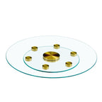 Tabletop.Two-tier, rotating round glass top.The diameter of the upper glass section is 61 cm, and the lower is 38 cm.The rotating design makes it easier to pick up and set down items.