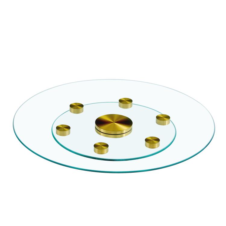 Tabletop.Two-tier, rotating round glass top.The diameter of the upper glass section is 61 cm, and the lower is 38 cm.The rotating design makes it easier to pick up and set down items.