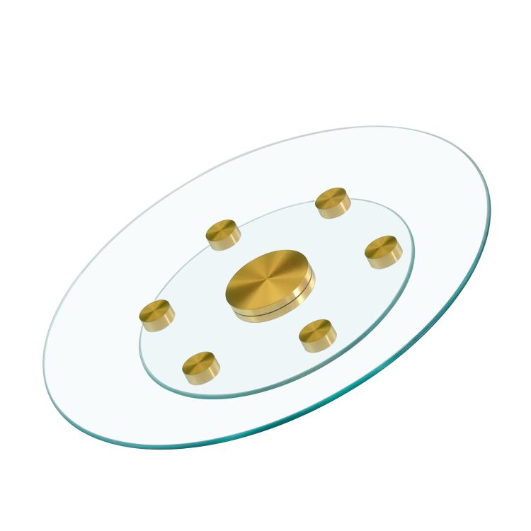 Tabletop.Two-tier, rotating round glass top.The diameter of the upper glass section is 61 cm, and the lower is 38 cm.The rotating design makes it easier to pick up and set down items.