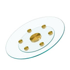 Tabletop.Two-tier, rotating round glass top.The diameter of the upper glass section is 61 cm, and the lower is 38 cm.The rotating design makes it easier to pick up and set down items.
