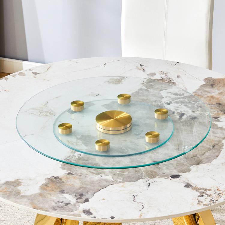 Tabletop.Two-tier, rotating round glass top.The diameter of the upper glass section is 61 cm, and the lower is 38 cm.The rotating design makes it easier to pick up and set down items.