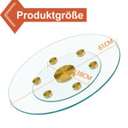 Tabletop.Two-tier, rotating round glass top.The diameter of the upper glass section is 61 cm, and the lower is 38 cm.The rotating design makes it easier to pick up and set down items.