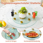 Tabletop.Two-tier, rotating round glass top.The diameter of the upper glass section is 61 cm, and the lower is 38 cm.The rotating design makes it easier to pick up and set down items.