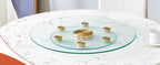 Tabletop.Two-tier, rotating round glass top.The diameter of the upper glass section is 61 cm, and the lower is 38 cm.The rotating design makes it easier to pick up and set down items.