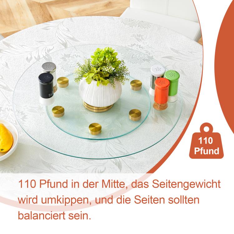 Tabletop.Two-tier, rotating round glass top.The diameter of the upper glass section is 61 cm, and the lower is 38 cm.The rotating design makes it easier to pick up and set down items.