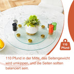 Tabletop.Two-tier, rotating round glass top.The diameter of the upper glass section is 61 cm, and the lower is 38 cm.The rotating design makes it easier to pick up and set down items.