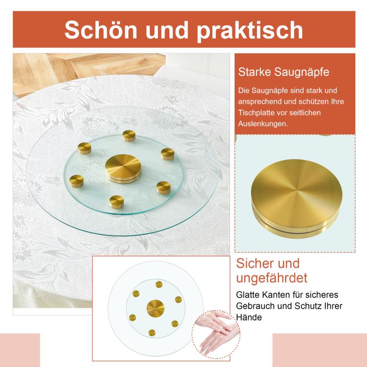 Tabletop.Two-tier, rotating round glass top.The diameter of the upper glass section is 61 cm, and the lower is 38 cm.The rotating design makes it easier to pick up and set down items.