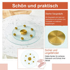 Tabletop.Two-tier, rotating round glass top.The diameter of the upper glass section is 61 cm, and the lower is 38 cm.The rotating design makes it easier to pick up and set down items.