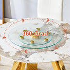 Tabletop.Two-tier, rotating round glass top.The diameter of the upper glass section is 61 cm, and the lower is 38 cm.The rotating design makes it easier to pick up and set down items.