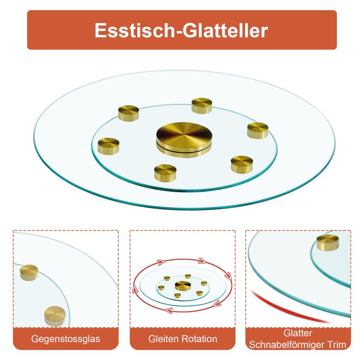 Tabletop.Two-tier, rotating round glass top.The diameter of the upper glass section is 61 cm, and the lower is 38 cm.The rotating design makes it easier to pick up and set down items.