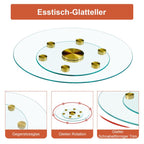 Tabletop.Two-tier, rotating round glass top.The diameter of the upper glass section is 61 cm, and the lower is 38 cm.The rotating design makes it easier to pick up and set down items.