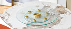Tabletop.Two-tier, rotating round glass top.The diameter of the upper glass section is 61 cm, and the lower is 38 cm.The rotating design makes it easier to pick up and set down items.