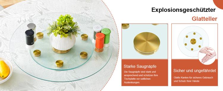 Tabletop.Two-tier, rotating round glass top.The diameter of the upper glass section is 61 cm, and the lower is 38 cm.The rotating design makes it easier to pick up and set down items.