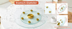 Tabletop.Two-tier, rotating round glass top.The diameter of the upper glass section is 61 cm, and the lower is 38 cm.The rotating design makes it easier to pick up and set down items.