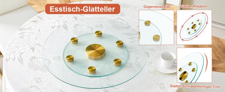 Tabletop.Two-tier, rotating round glass top.The diameter of the upper glass section is 61 cm, and the lower is 38 cm.The rotating design makes it easier to pick up and set down items.