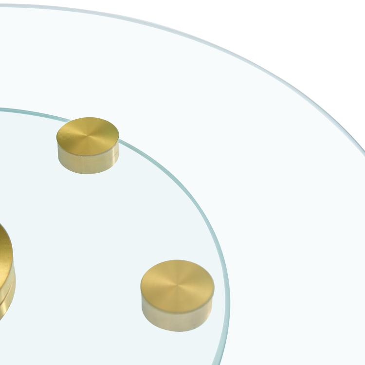 Tabletop.Two-tier, rotating round glass top.The diameter of the upper glass section is 61 cm, and the lower is 38 cm.The rotating design makes it easier to pick up and set down items.