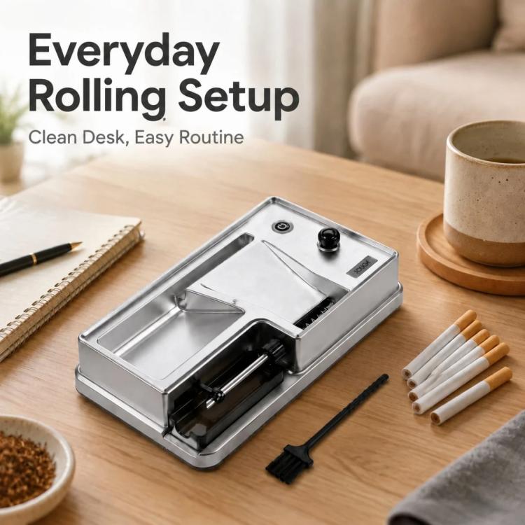 Automatic tobacco filling machine, practical cigarette rolling device for 6.5 mm and 8 mm tubes, handy smoking accessory, ideal gift idea for birthdays and Christmas celebrations.