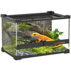 Reptile Glass Terrarium with Stone Background, Front Ventilation, Escape-Proof Knob Lock, 30 x 20 x 20 cm, Black