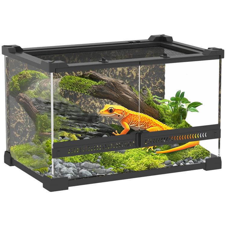 Reptile Glass Terrarium with Stone Background, Front Ventilation, Escape-Proof Knob Lock, 30 x 20 x 20 cm, Black