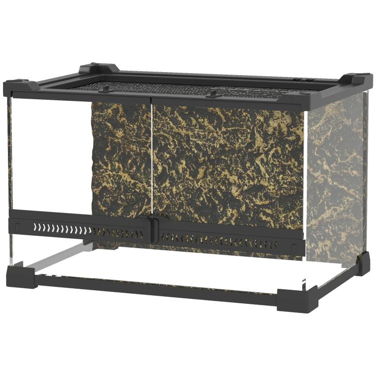 Reptile Glass Terrarium with Stone Background, Front Ventilation, Escape-Proof Knob Lock, 30 x 20 x 20 cm, Black — view 2
