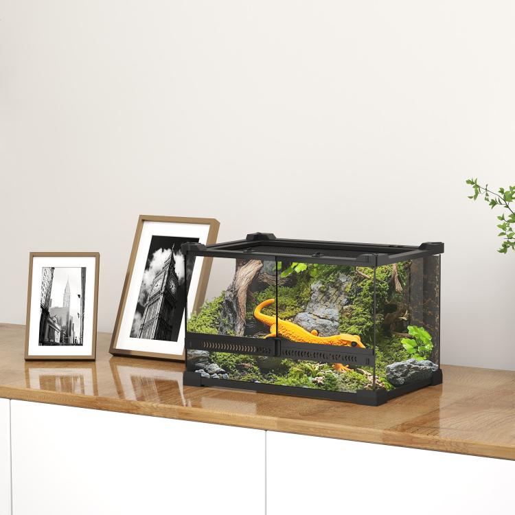 Reptile Glass Terrarium with Stone Background, Front Ventilation, Escape-Proof Knob Lock, 30 x 20 x 20 cm, Black — view 3