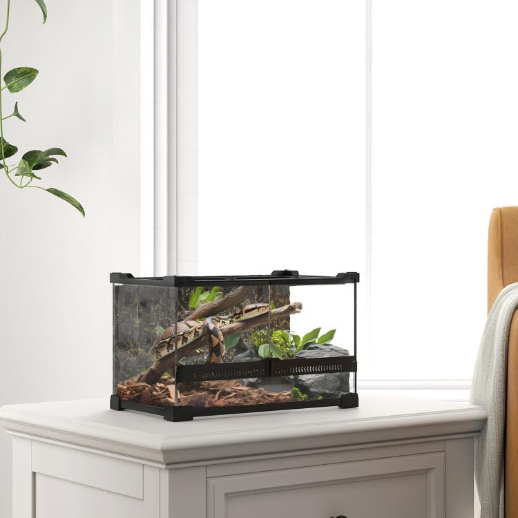 Reptile Glass Terrarium with Stone Background, Front Ventilation, Escape-Proof Knob Lock, 30 x 20 x 20 cm, Black — view 4