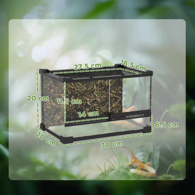 Reptile Glass Terrarium with Stone Background, Front Ventilation, Escape-Proof Knob Lock, 30 x 20 x 20 cm, Black — view 5