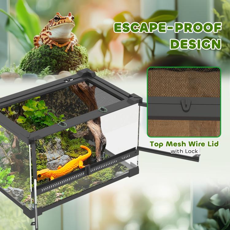 Reptile Glass Terrarium with Stone Background, Front Ventilation, Escape-Proof Knob Lock, 30 x 20 x 20 cm, Black — view 8
