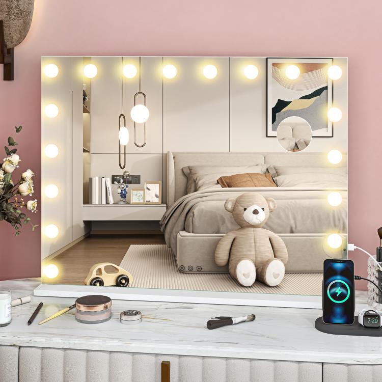 Hollywood Vanity Mirror with Lights, Large 80x62 cm Lighted Makeup Mirror with 3 Colour, 18 LED Bulbs, 10X Magnifying, USB Charging Port, Touch Screen, Tabletop or Wall Mounted Design, White