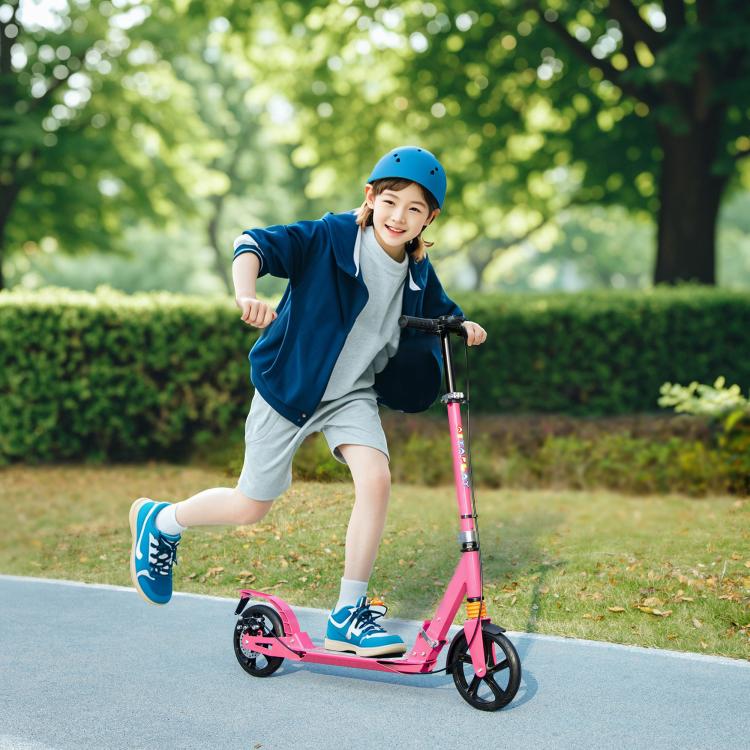 Kids Scooter with Four-Level Adjustable Handlebar, Dual Brake System, 200mm Wheels, ABEC-7 Bearings, Pink