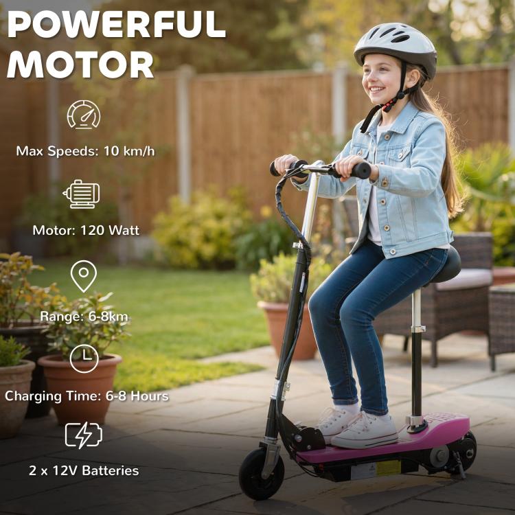 Powered Electric Scooter Ride-On, with Brakes, Adjustable Seat, Adjustable Handlebars, Pink
