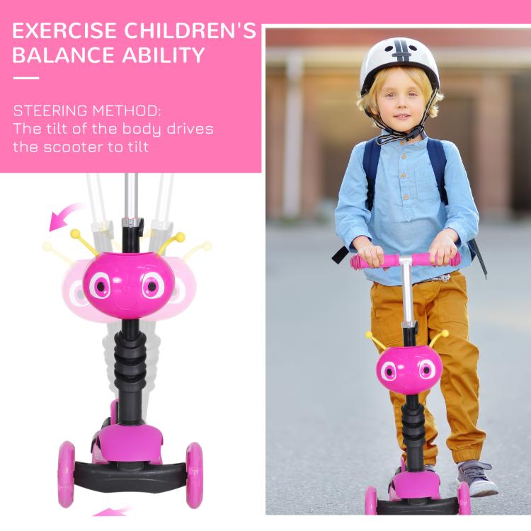 Adjustable Kids Toddler Scooter, with Removable Seat, Back Handle, Pink