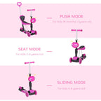 Adjustable Kids Toddler Scooter, with Removable Seat, Back Handle, Pink