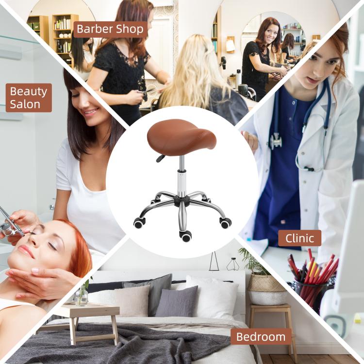 Saddle Stool, Height Adjustable Salon Chair for Massage Spa, Faux Leather, Brown — view 7