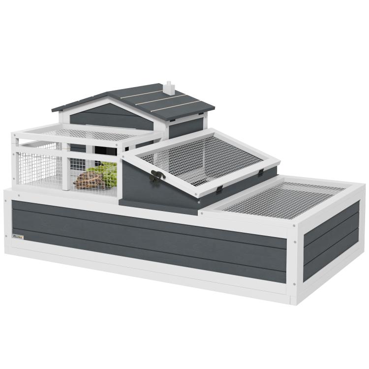 Tortoise House 3-Room with 2 Stories, Ladder, Balcony, Tray, Openable Roof, 59H x 112L x 65Wcm, Grey